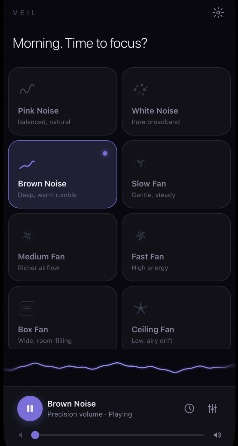 Veil home screen showing sound grid