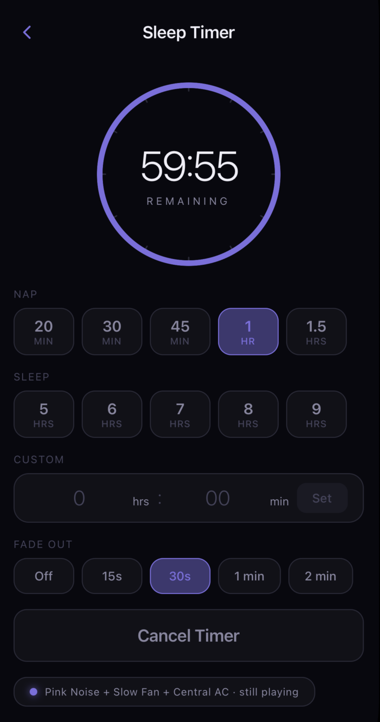 Veil sleep timer screen