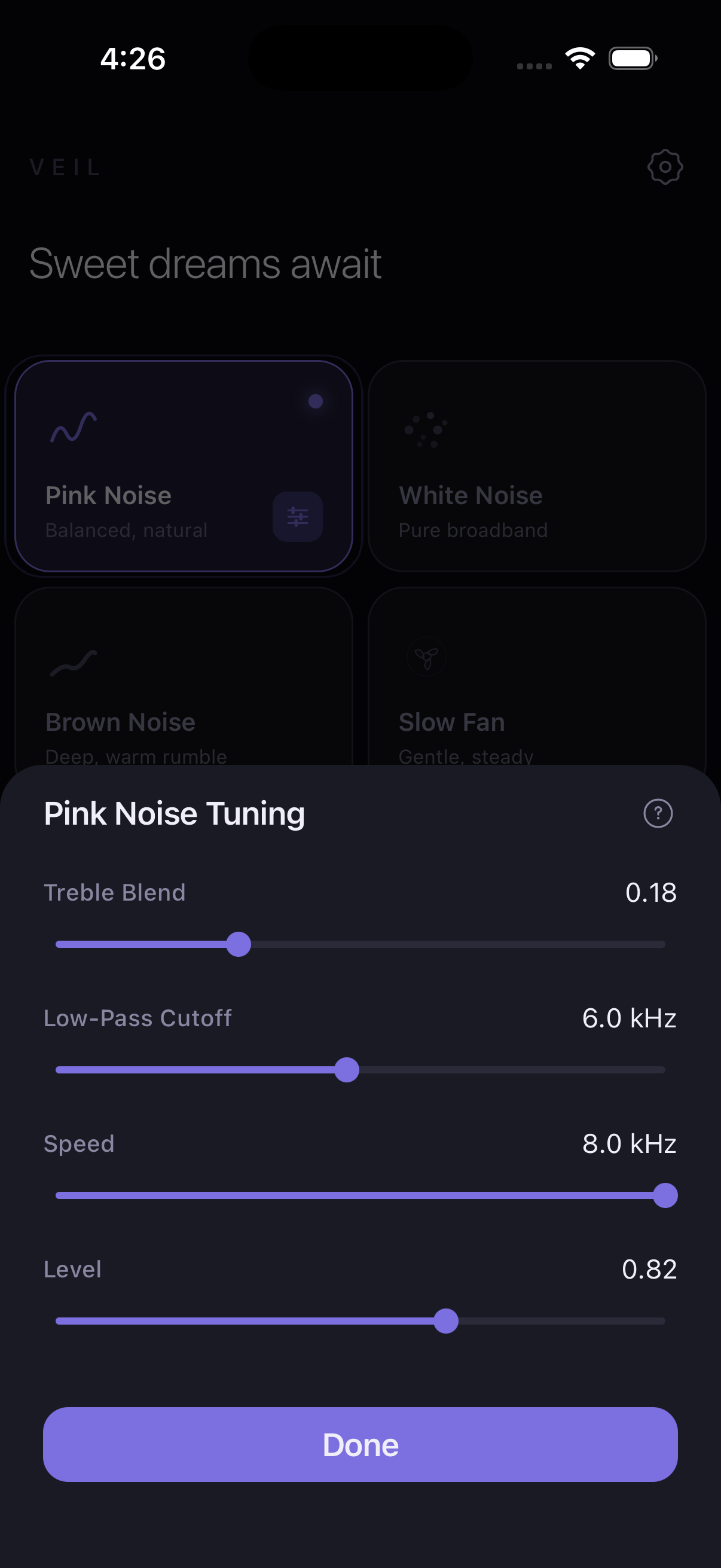 Veil noise tuning controls for pink noise showing treble blend, low-pass cutoff, speed and level sliders